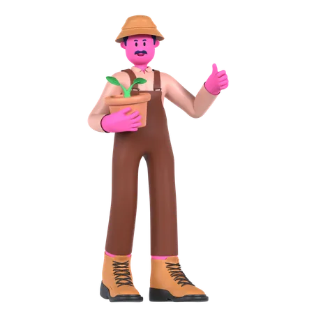 Agricultor sosteniendo maceta  3D Illustration