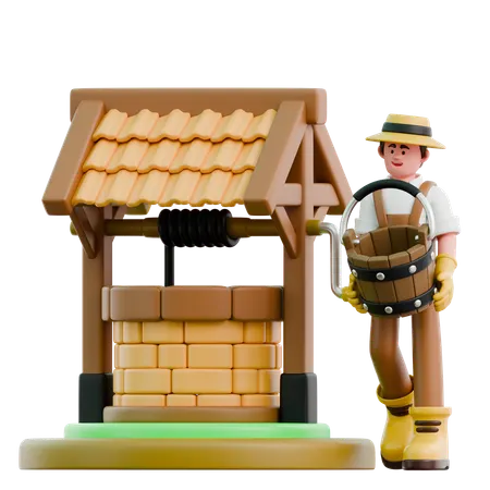 Un agricultor toma agua del pozo  3D Illustration