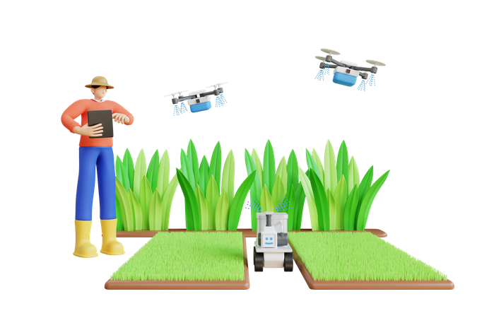 Agricultor usando rega automatizada  3D Illustration