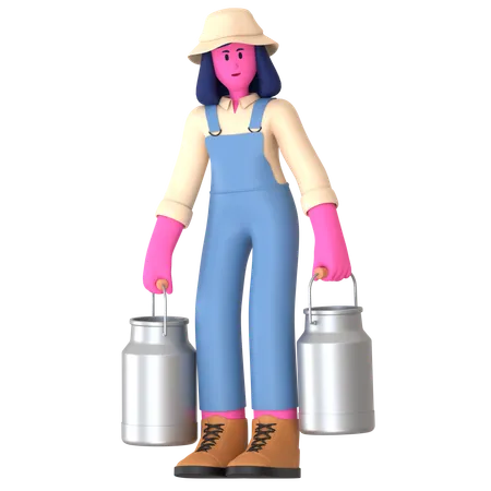 Agricultora carregando lata de leite  3D Illustration