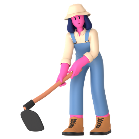 Agricultora cavando usando enxada  3D Illustration