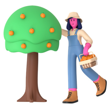 Agricultora cosechando frutos de árboles frutales  3D Illustration