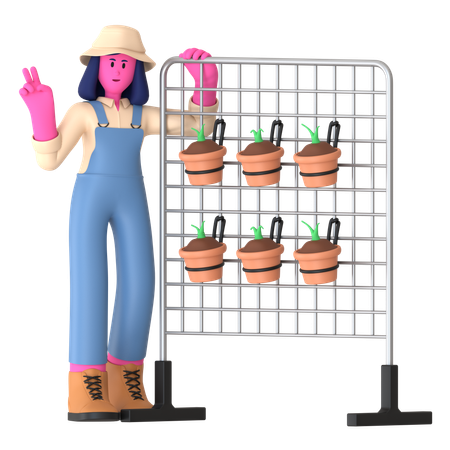 Agricultora em pé perto do Jardim Vertical  3D Illustration