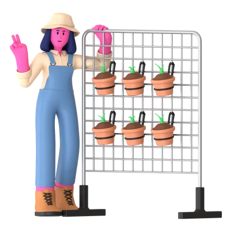 Agricultora em pé perto do Jardim Vertical  3D Illustration