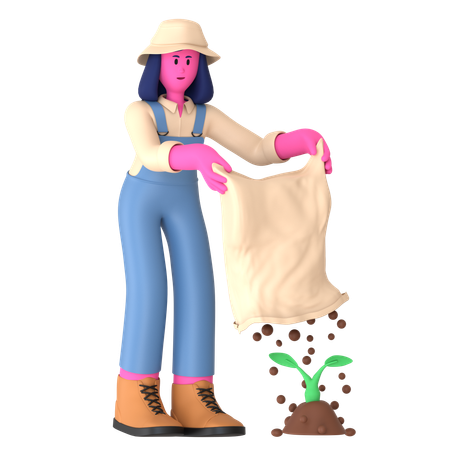 Mujer agricultora fertilizar para plantar  3D Illustration