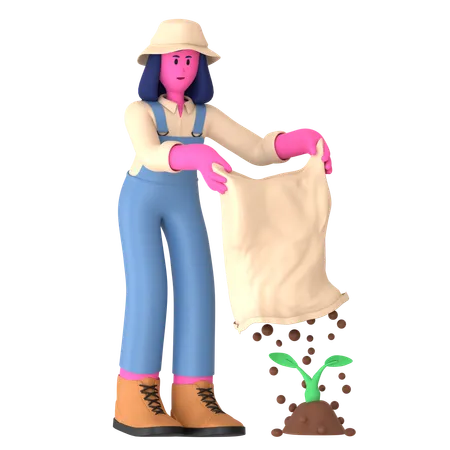 Mujer agricultora fertilizar para plantar  3D Illustration