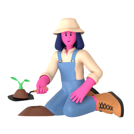 Agricultora plantando planta usando espátula  3D Illustration