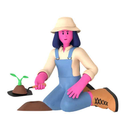 Agricultora plantando planta usando espátula  3D Illustration