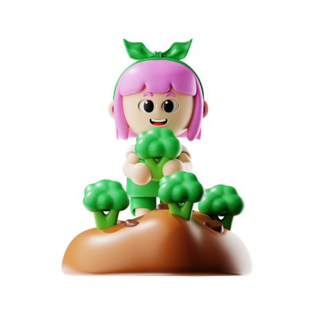 Campesina plantando brócoli  3D Illustration