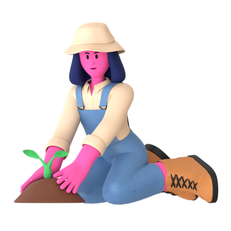 Mujer agricultora plantando planta  3D Illustration