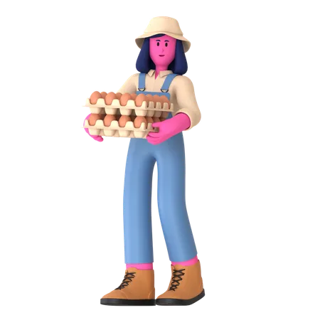 La agricultora sosteniendo la bandeja de huevos  3D Illustration