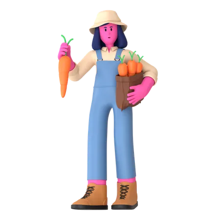 La agricultora sosteniendo la bolsa de zanahoria  3D Illustration