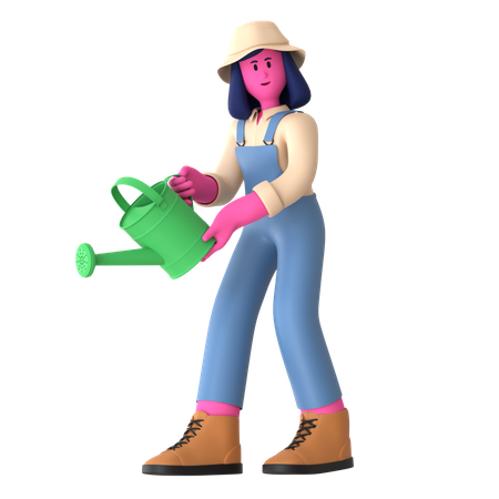 La agricultora sosteniendo lata de agua  3D Illustration