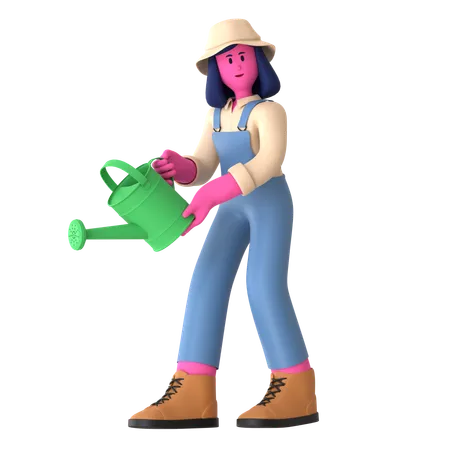 La agricultora sosteniendo lata de agua  3D Illustration