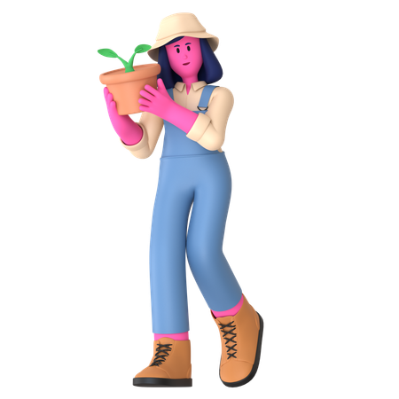 La agricultora sosteniendo maceta  3D Illustration