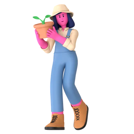 La agricultora sosteniendo maceta  3D Illustration