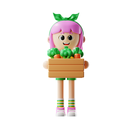 La agricultora trae una cesta de zanahorias y brócoli  3D Illustration