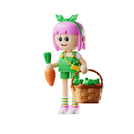 La agricultora trae la cesta de la cosecha  3D Illustration