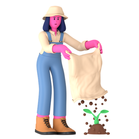 Une agricultrice fertilise pour planter  3D Illustration