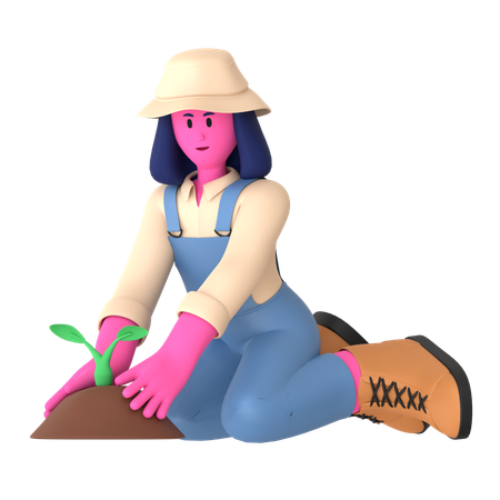 Agricultrice plantant une plante  3D Illustration