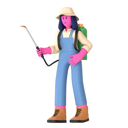 Une agricultrice pulvérisant des pesticides  3D Illustration