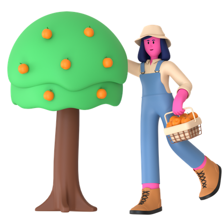 Une agricultrice récoltant des fruits d'un arbre fruitier  3D Illustration