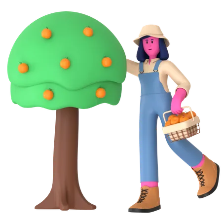 Une agricultrice récoltant des fruits d'un arbre fruitier  3D Illustration