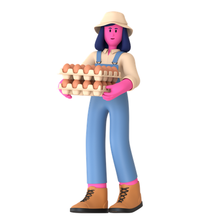 Une agricultrice tenant un plateau d'oeufs  3D Illustration