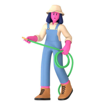 Une agricultrice tenant un tuyau d'eau  3D Illustration