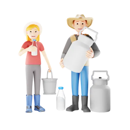 Casal de agricultores coletando leite fresco em garrafa  3D Illustration