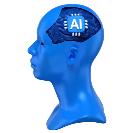 3 D Icon Of A Human Head With An Ai Chip Implanted To Its Brain 3D Icon