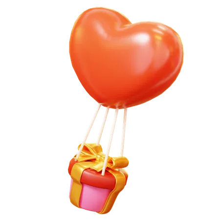Cute Cartoon 3 D Gift Boxes With Heart Balloon Floating It The Sky Happy Valentines Day Anniversary Wedding Love Concept 3D Icon
