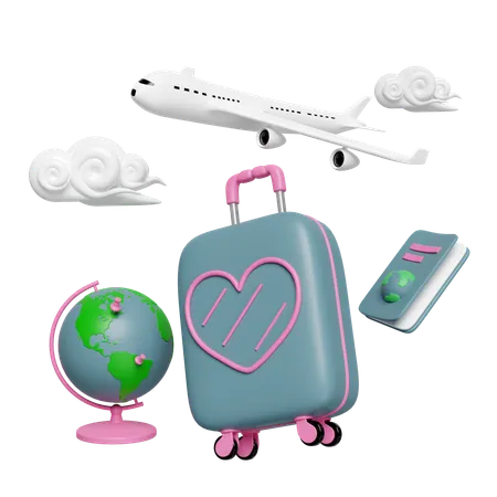 3 D Suitcase With Passport Or International Travel For Tourism Airplane Globe Cloud Isolated 3 D Render Illustration 3D Icon