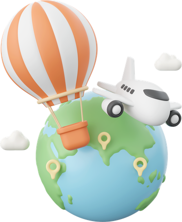 Airplane And Balloon Flying Around The Globe  3D Icon