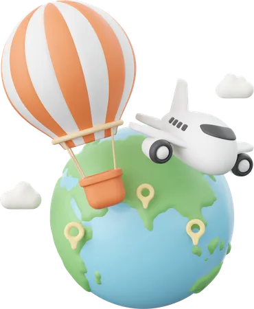 Airplane And Balloon Flying Around The Globe 3D Icon
