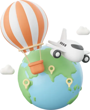 Airplane And Balloon Flying Around The Globe  3D Icon