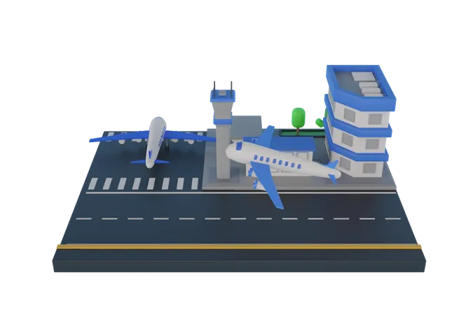 3 D Airport Terminal Infrastructure Parked Airplanes With Boarding Bridges Postal Service Aircraft Loading Airplane On The Runway Aircraft Maintenance Hangars Airport Machinery 3 D Rendering 3D Illustration