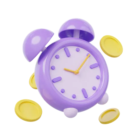 3 D Alarm Clock Money Coin Purple Vintage Clock With Twin Bell At 10 10 Floating Isolated On Transparent Time Management Time Keeping Concept Cartoon Icon Smooth 3 D Rendering 3D Icon