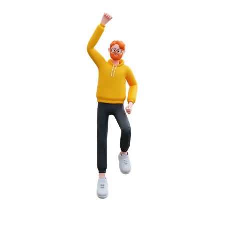 Homem alegre com capuz pulando  3D Illustration