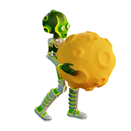 3 D Alien Is Carrying The Moon Green Alien With Planet In The Hands A Cartoon Isolated Illustration 3D Illustration