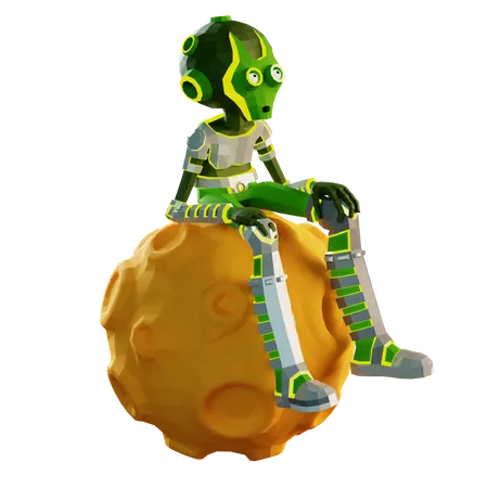 Alien sitting on moon  3D Illustration