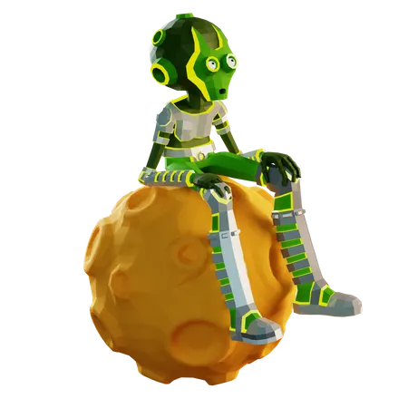 3 D Green Alien Is Sitting Sadly On The Moon 3D Illustration
