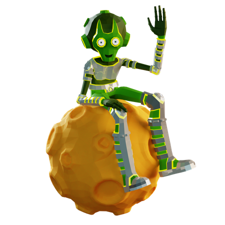 Alien sitting on moon while waving hand  3D Illustration