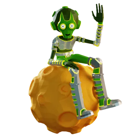 Alien sitting on moon while waving hand  3D Illustration