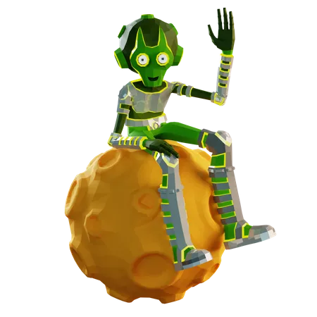 A Green Alien Is Sitting On The Moon And Waving A Greeting A 3 D Low Poly Style Alien Is On A Planet With Craters 3D Illustration