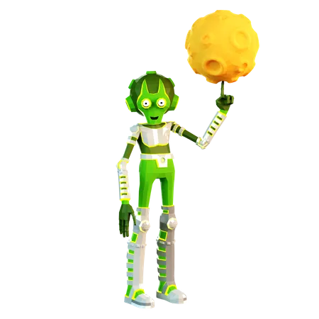 3 D Alien Spinning The Moon On Their Finger Low Poly Cartoon Style 3D Illustration