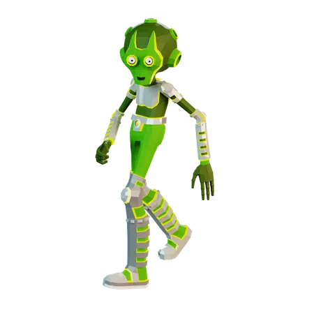 3 D Green Walking Alien Cartoonish Alien Astronaut In Low Poly Style 3D Illustration
