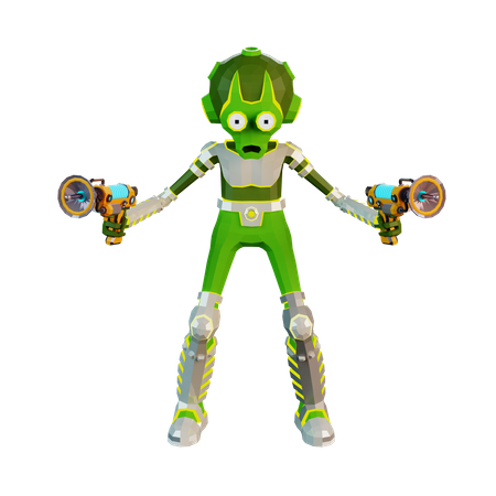 Alien with two blasters gun in hands  3D Illustration