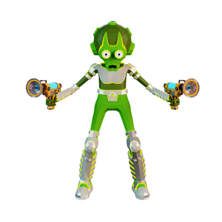 Alien with two blasters gun in hands  3D Illustration