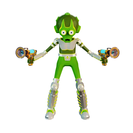 Alien com arma de dois blasters nas mãos  3D Illustration